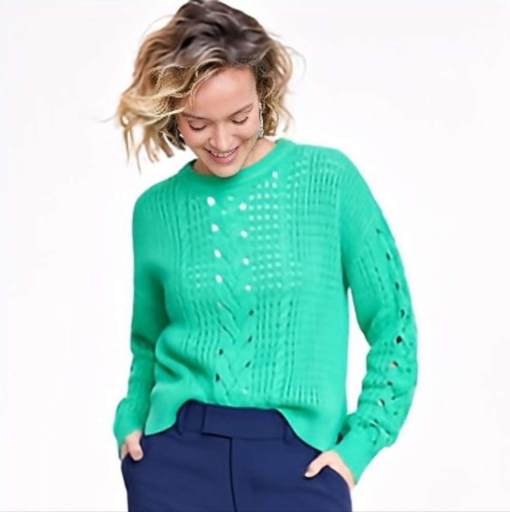 ON 34TH | Women's Cable-Knit Mesh Crewneck Long-Sleeve | Bright Green Color